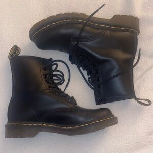 Dr. Martens Black Leather Boots with Yellow Stitching